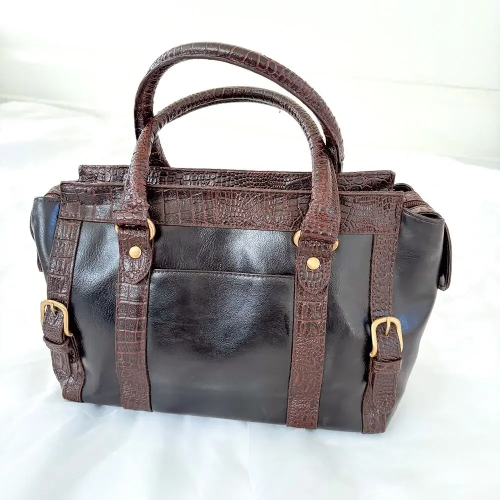 GAL Brown Faux Leather Doctor Purse Handbag Croc Embossed Bowling Bag Minimalist